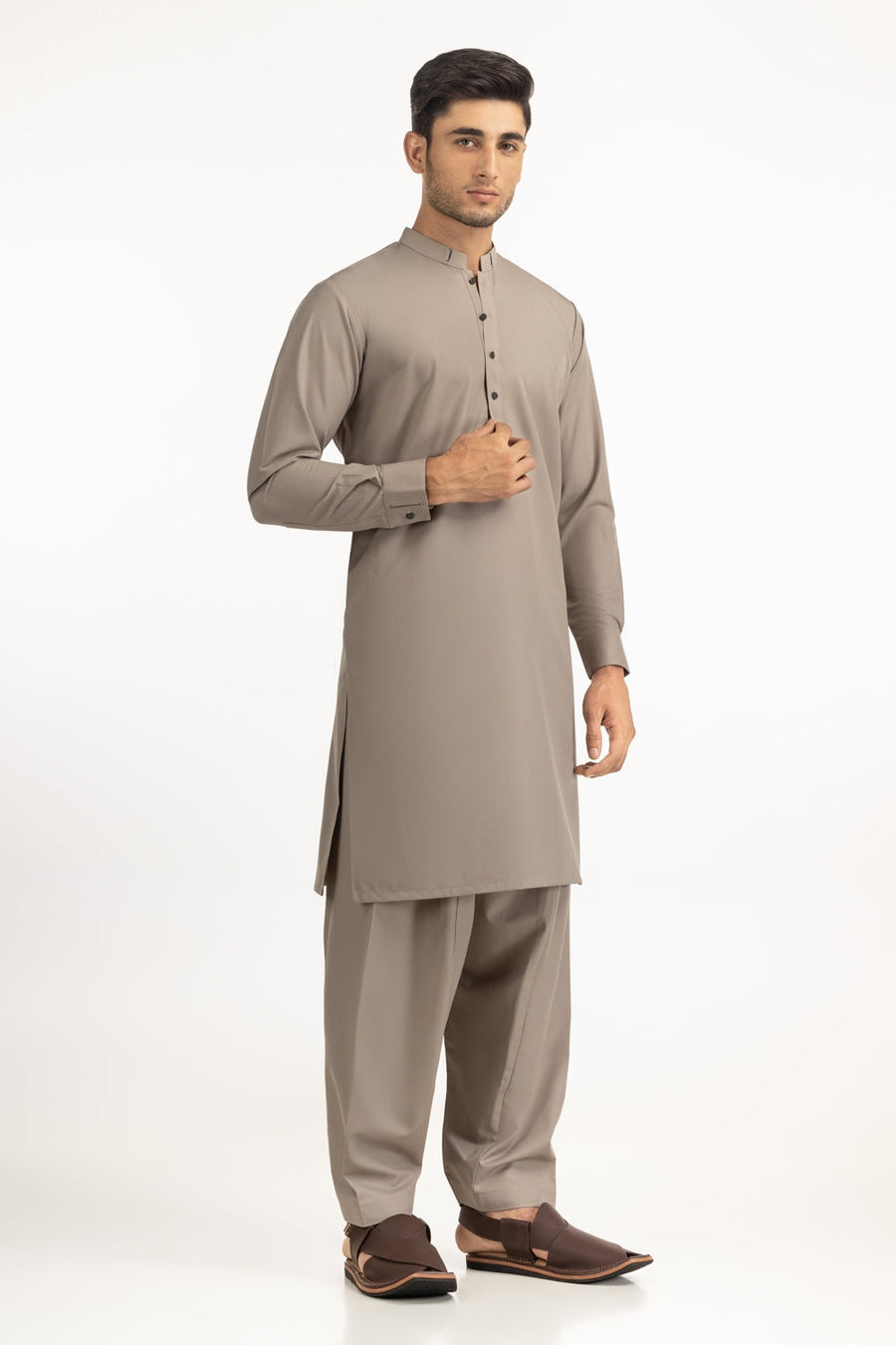 Taupe Silk 2-Piece Kurta Shalwar | Mandarin Collar