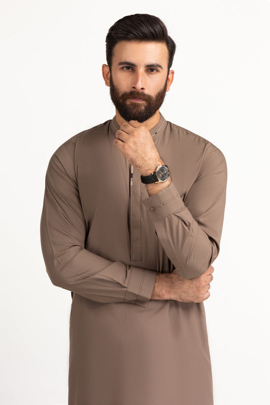 Taupe Silk Blend 2-Piece Formal Kurta | Mandarin Collar