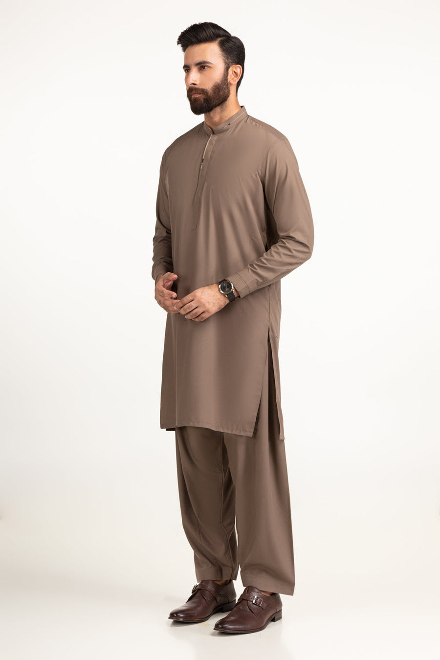 Taupe Silk Blend 2-Piece Formal Kurta | Mandarin Collar