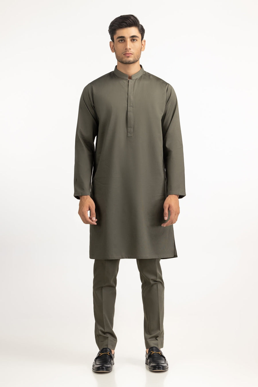 Sage Green Mulberry Silk 2-Piece Kurta | Half-Button Mandarin Collar