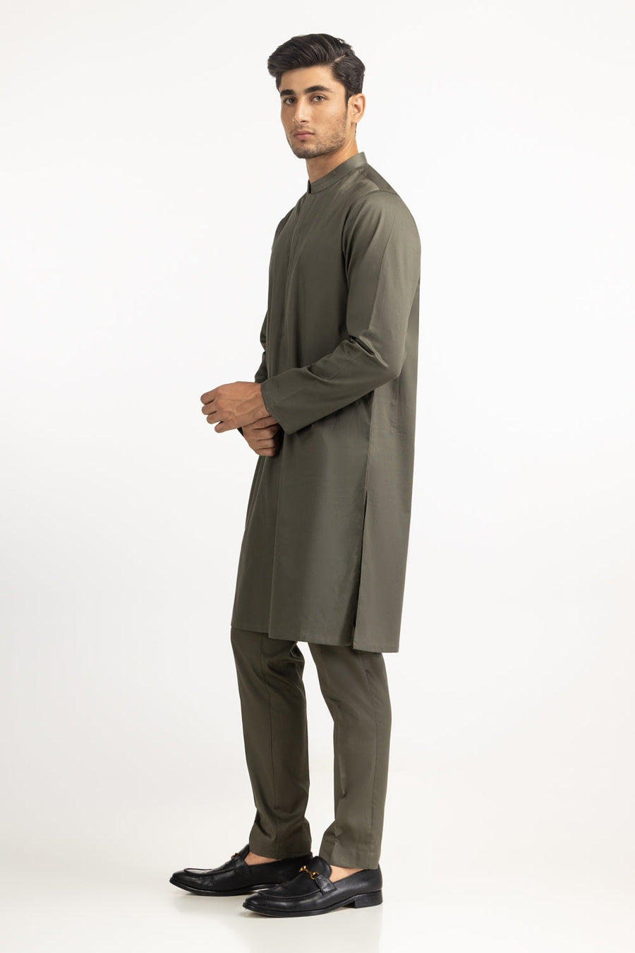 Sage Green Mulberry Silk 2-Piece Kurta | Half-Button Mandarin Collar