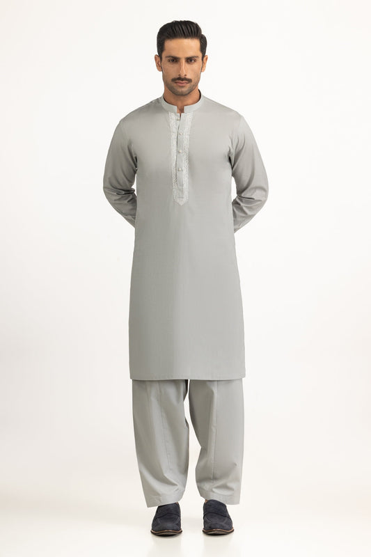 Sage Cotton 2-Piece Men's Kurta | Resham Embroidered Placket