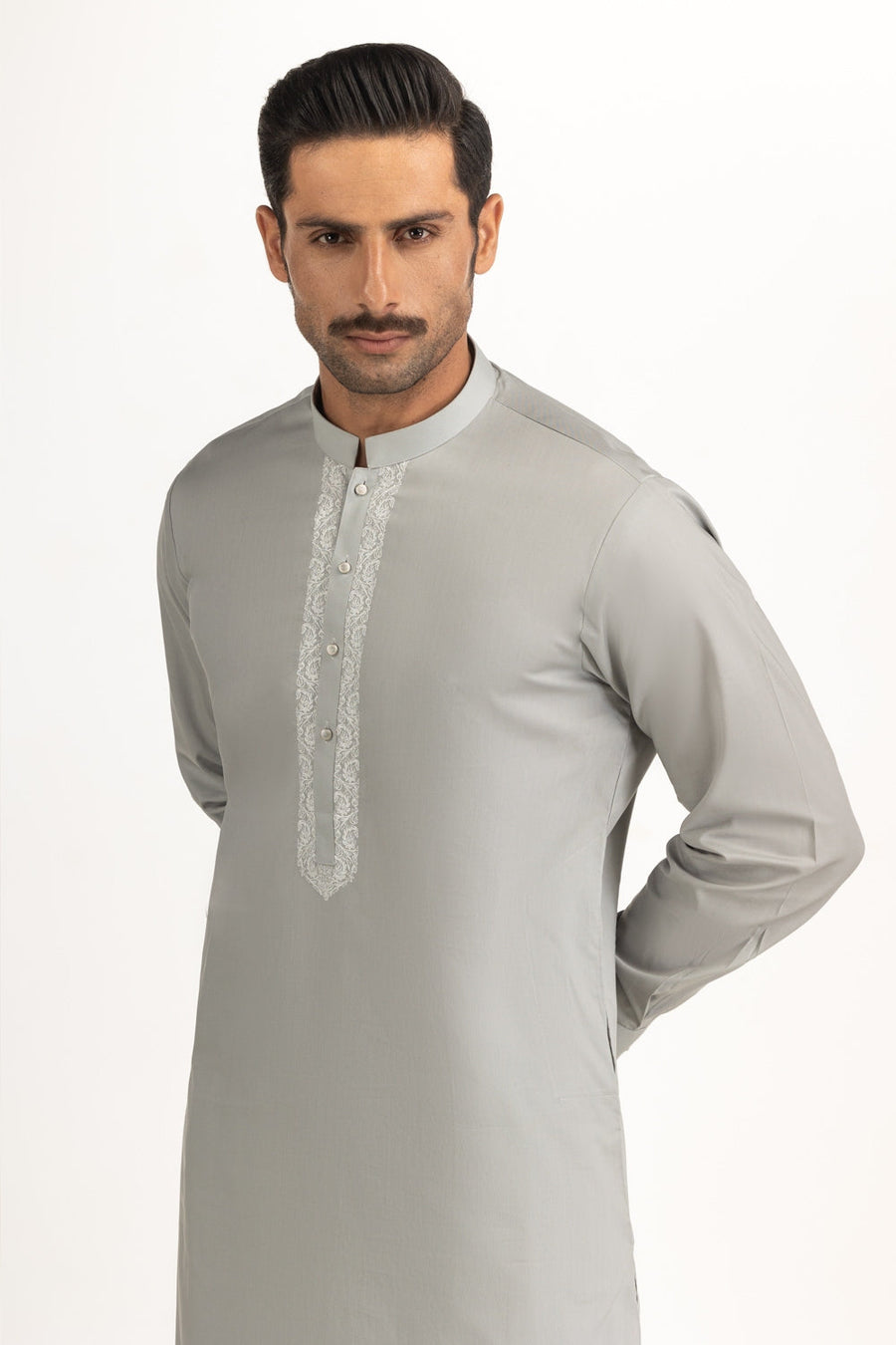 Sage Cotton 2-Piece Men's Kurta | Resham Embroidered Placket