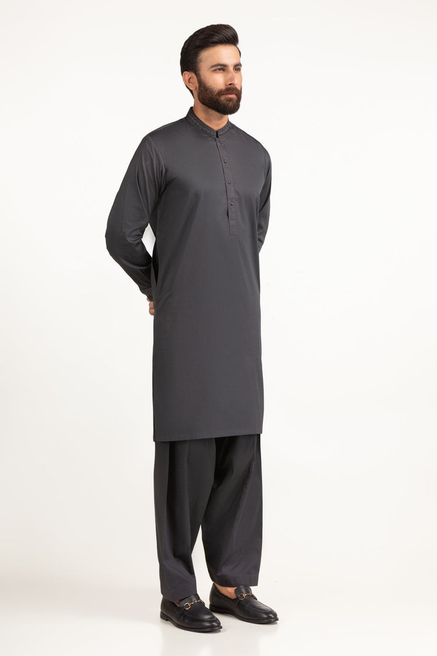 Charcoal Pashmina 2-Piece Salwar Kameez | Mandarin Collar