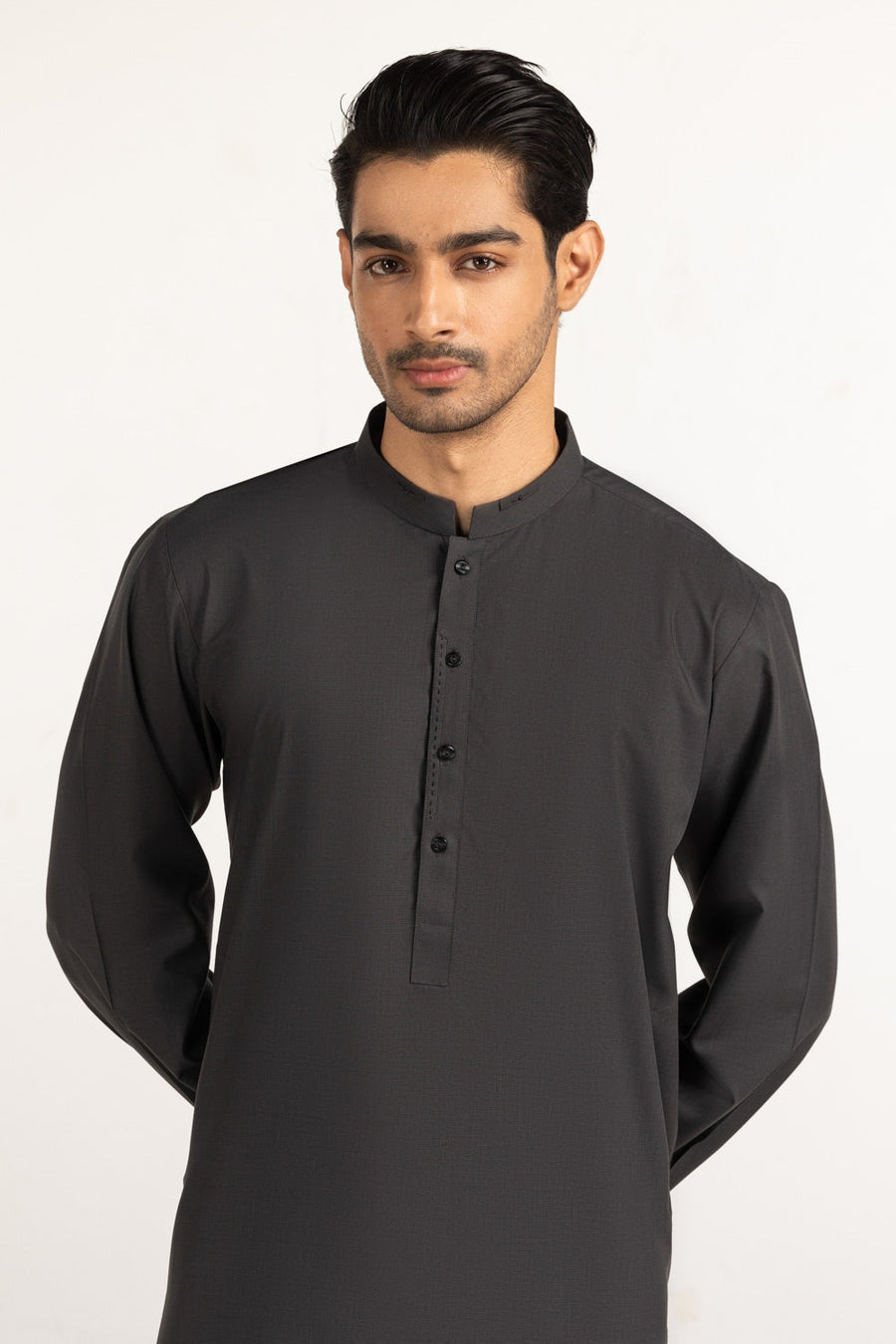 Charcoal Cotton Kurta | Mandarin Collar Half-Button