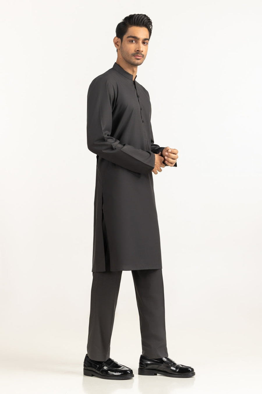 Charcoal Cotton Kurta | Mandarin Collar Half-Button
