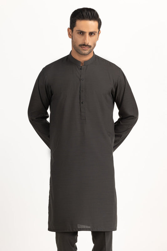 Charcoal Silk-Blend 2-Piece Kurta | Mandarin Collar
