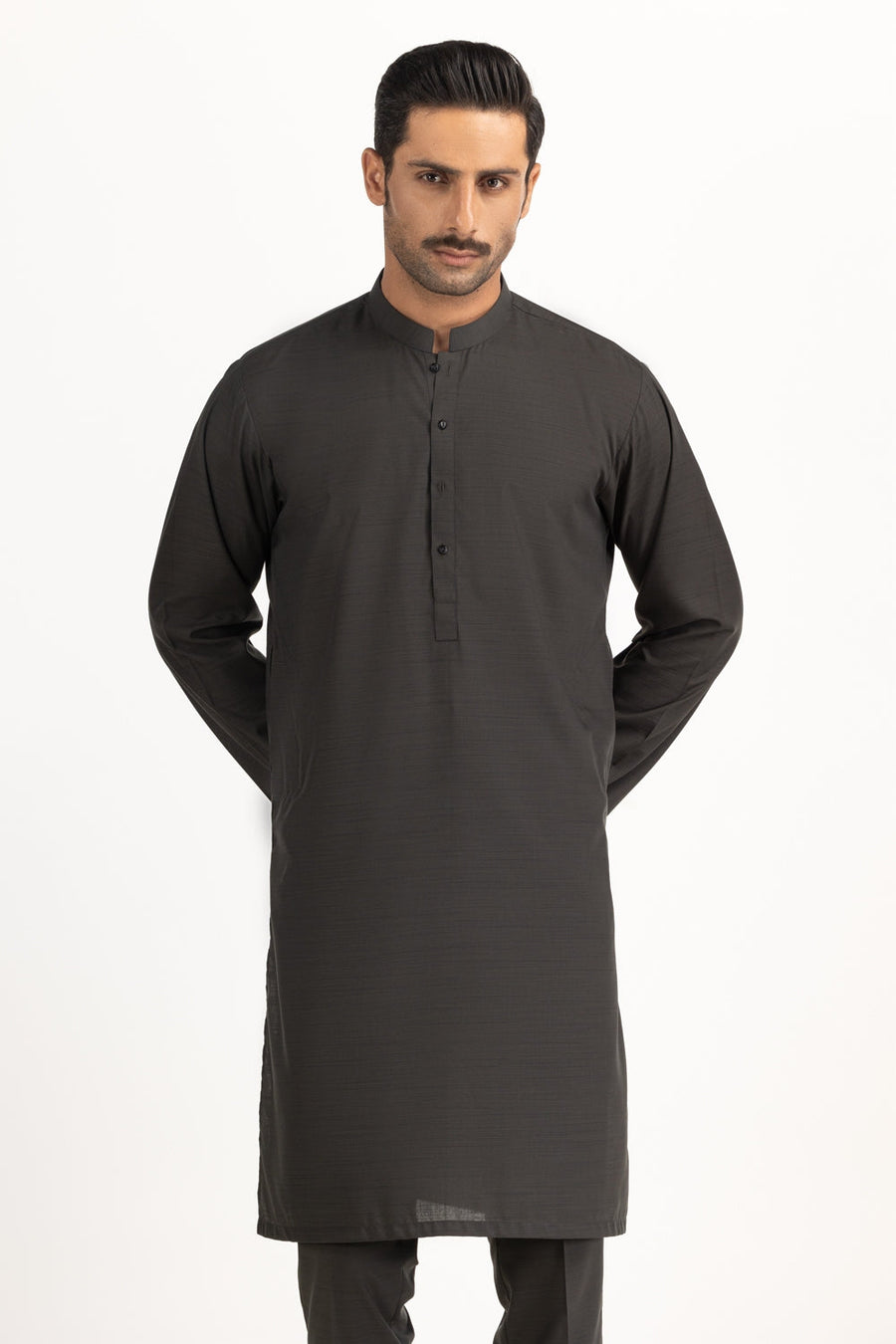 Charcoal Silk-Blend 2-Piece Kurta | Mandarin Collar