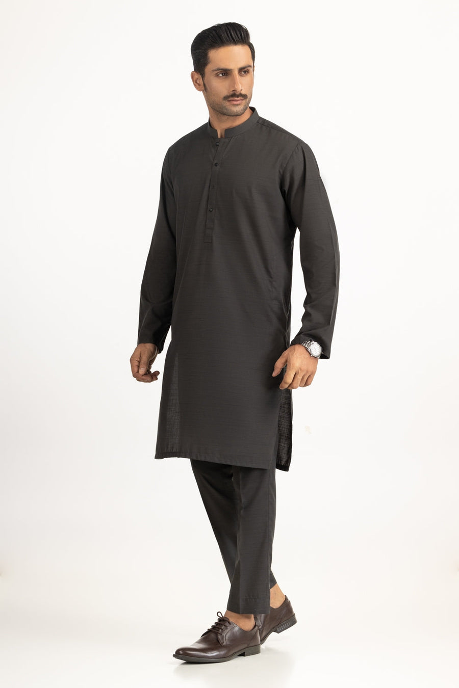 Charcoal Silk-Blend 2-Piece Kurta | Mandarin Collar