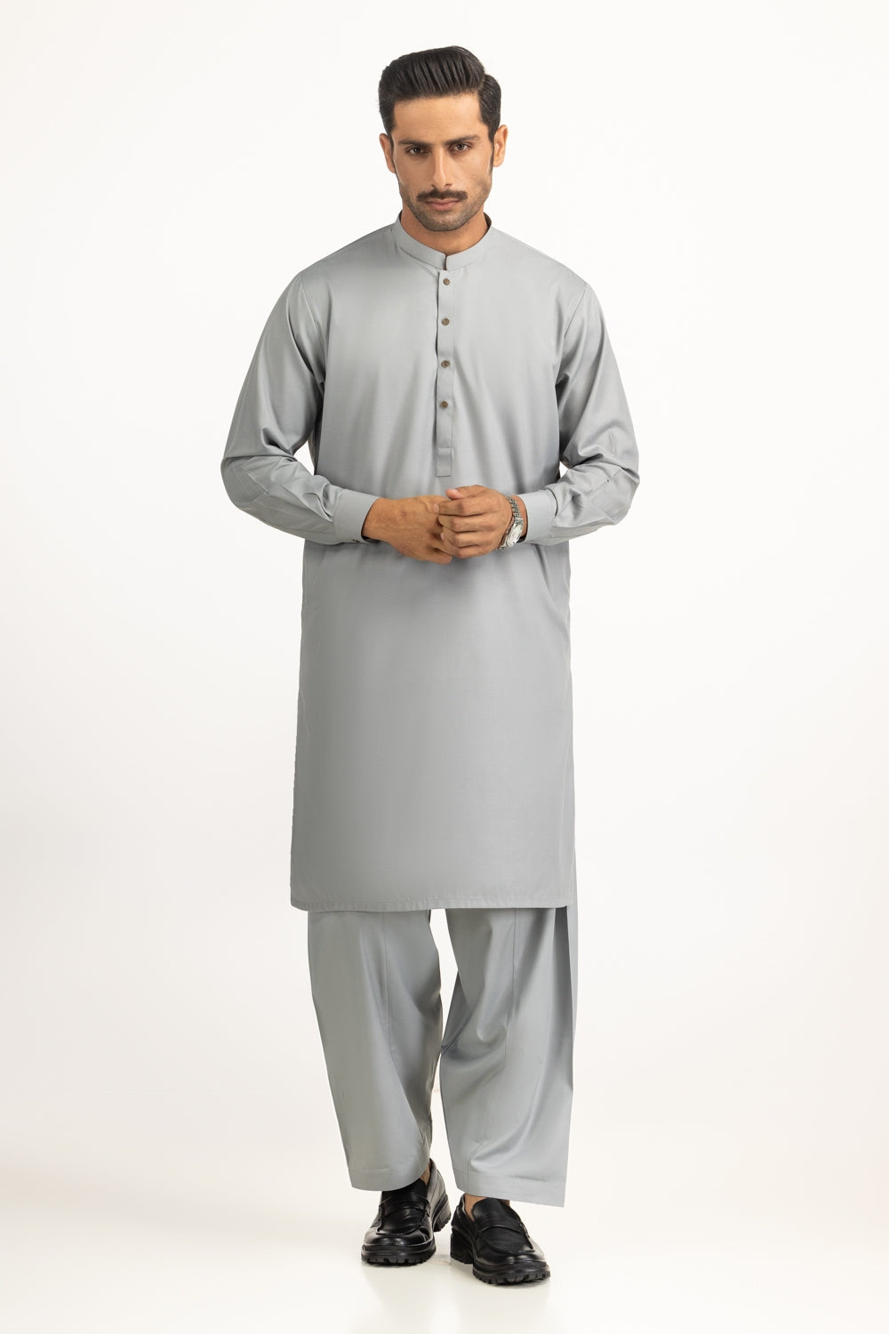 Slate Grey Cotton 2-Piece Kurta Shalwar | Henley Neckline