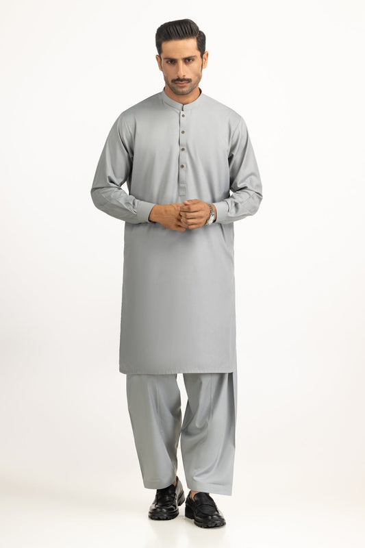 Slate Grey Cotton 2-Piece Kurta Shalwar | Henley Neckline