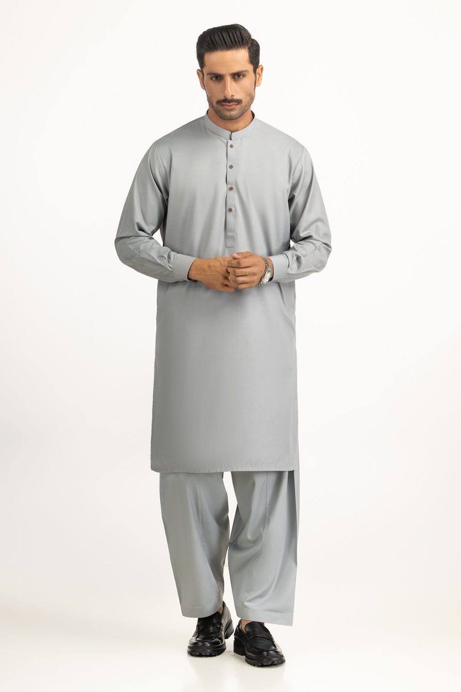 Slate Grey Cotton 2-Piece Kurta Shalwar | Henley Neckline