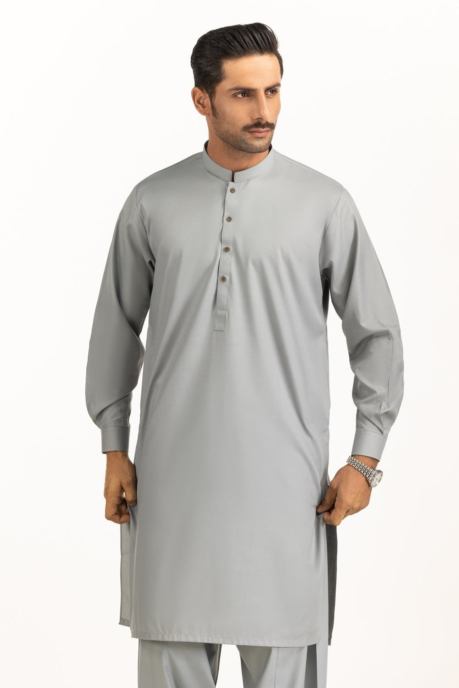 Slate Grey Cotton 2-Piece Kurta Shalwar | Henley Neckline