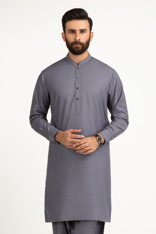 Slate Blue Silk 2-Piece Kurta | Mandarin Collar