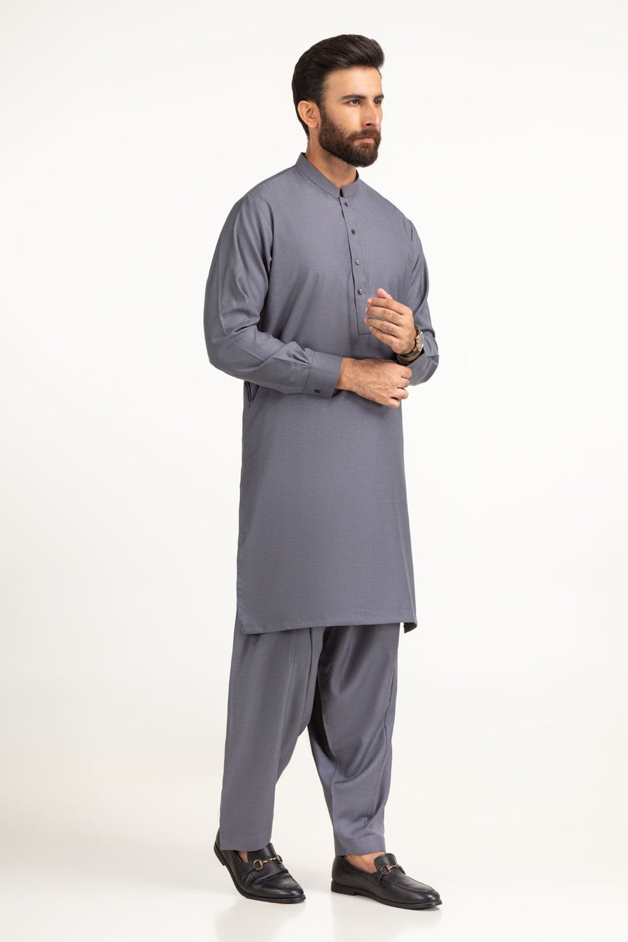 Slate Blue Silk 2-Piece Kurta | Mandarin Collar