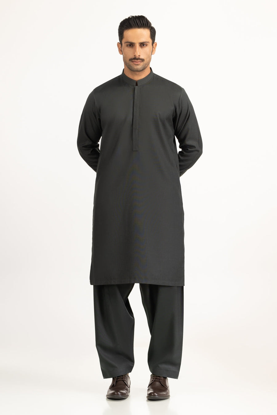Charcoal Mulberry Silk 2-Piece Kurta Shalwar | Mandarin Collar
