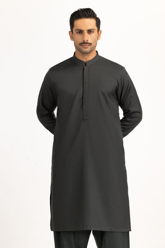 Charcoal Mulberry Silk 2-Piece Kurta Shalwar | Mandarin Collar