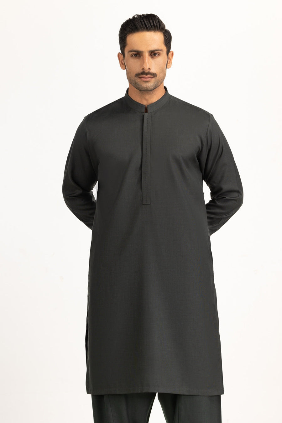 Charcoal Mulberry Silk 2-Piece Kurta Shalwar | Mandarin Collar