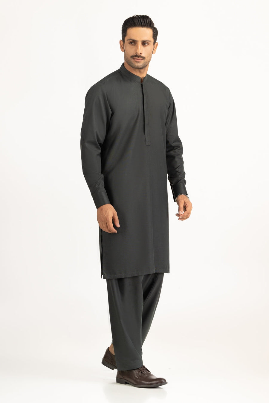 Charcoal Mulberry Silk 2-Piece Kurta Shalwar | Mandarin Collar