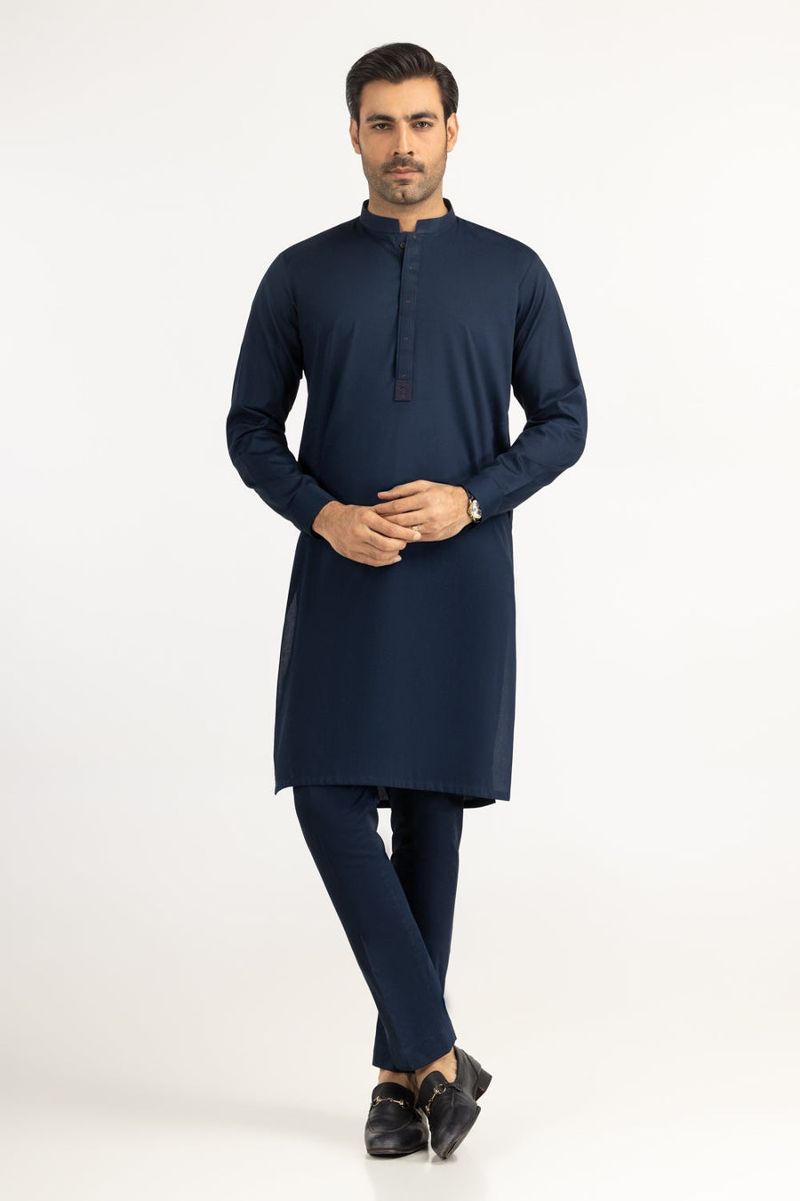 Midnight Navy Silk 3-Piece Kurta | Mandarin Collar