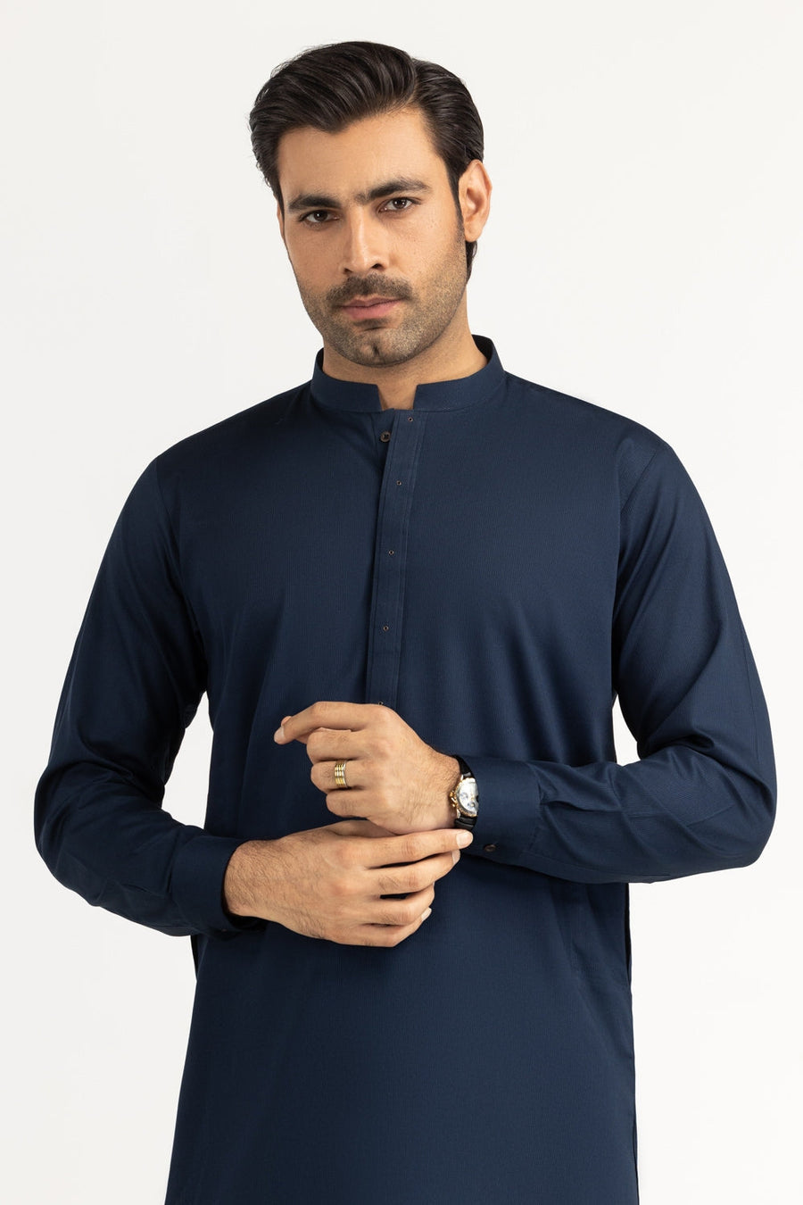 Midnight Navy Silk 3-Piece Kurta | Mandarin Collar