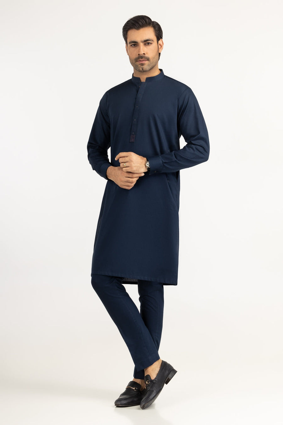 Midnight Navy Silk 3-Piece Kurta | Mandarin Collar