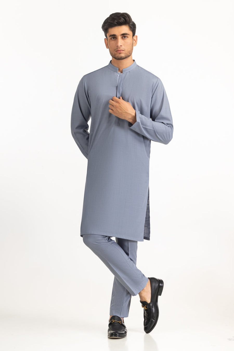 Slate Blue Viscose 2-Piece Kurta Set | Mandarin Collar