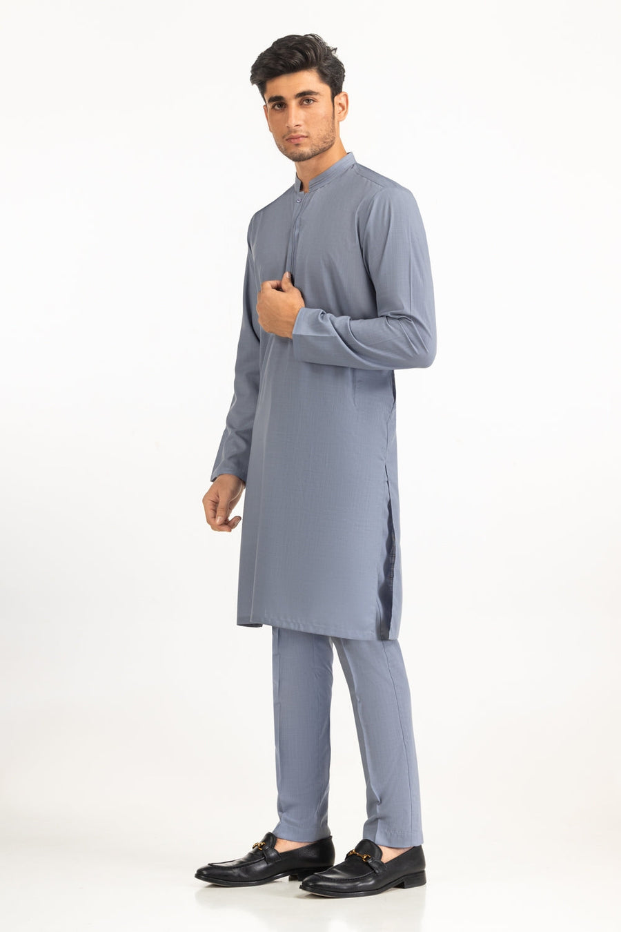 Slate Blue Viscose 2-Piece Kurta Set | Mandarin Collar