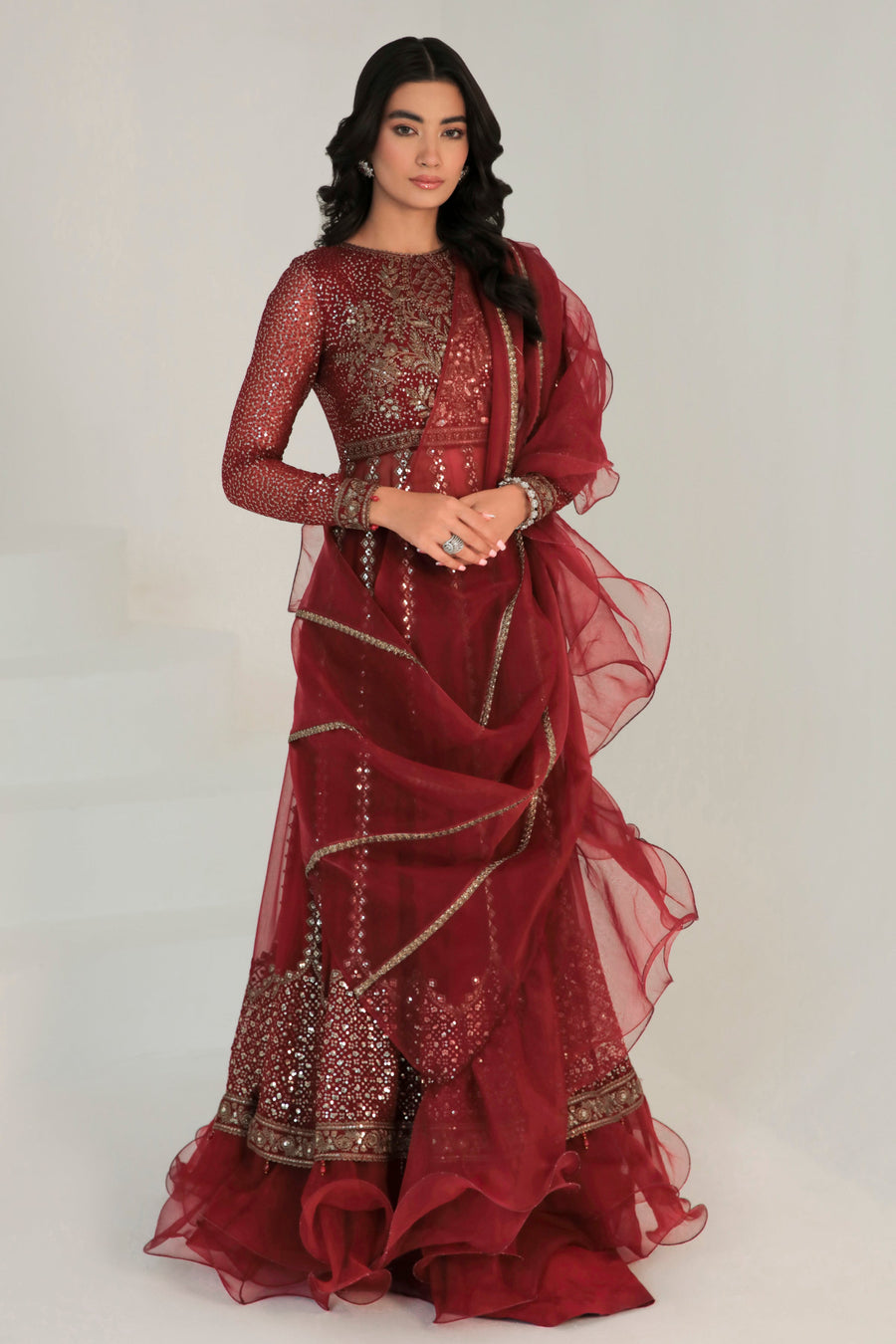 Maroon Embroidered Chiffon 3-Piece Formal Suit