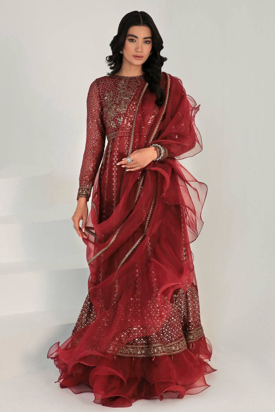 Maroon Embroidered Chiffon 3-Piece Formal Suit