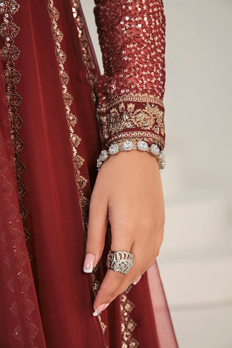 Maroon Embroidered Chiffon 3-Piece Formal Suit