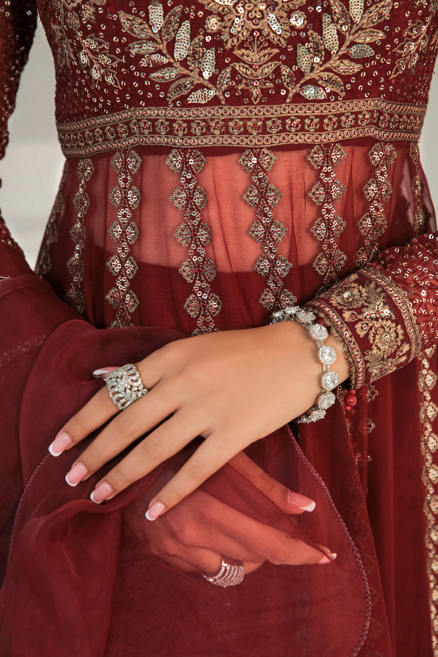 Maroon Embroidered Chiffon 3-Piece Formal Suit