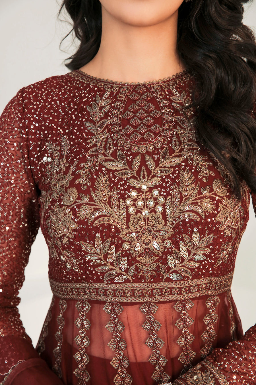Maroon Embroidered Chiffon 3-Piece Formal Suit