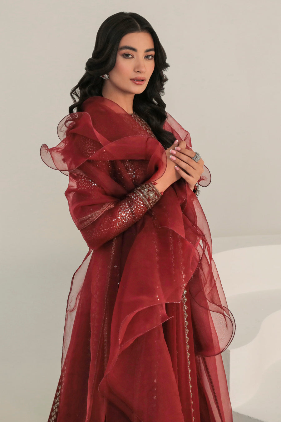 Maroon Embroidered Chiffon 3-Piece Formal Suit