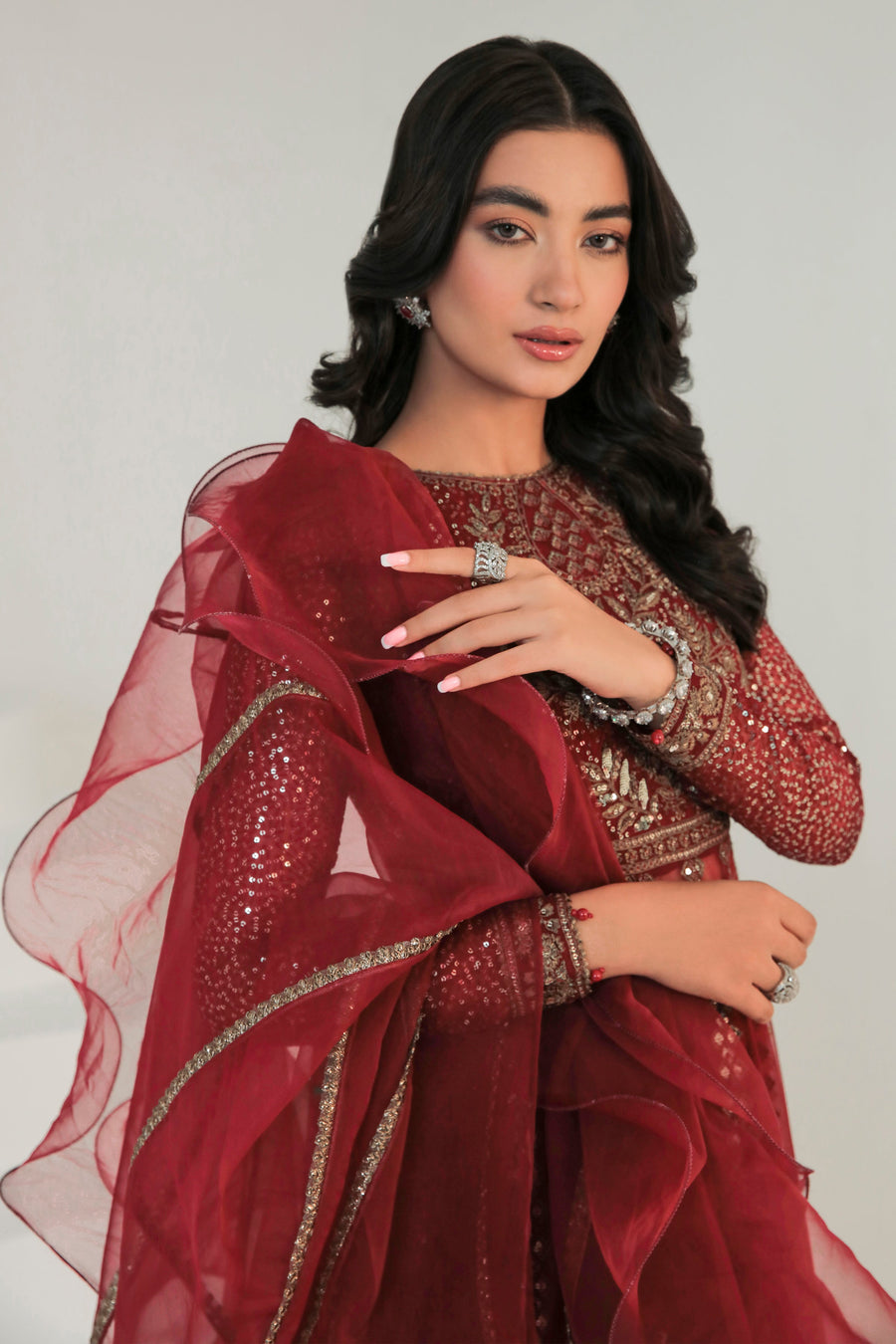 Maroon Embroidered Chiffon 3-Piece Formal Suit