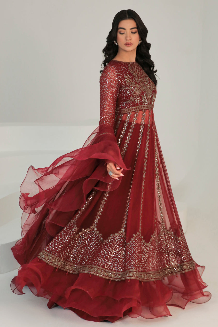 Maroon Embroidered Chiffon 3-Piece Formal Suit