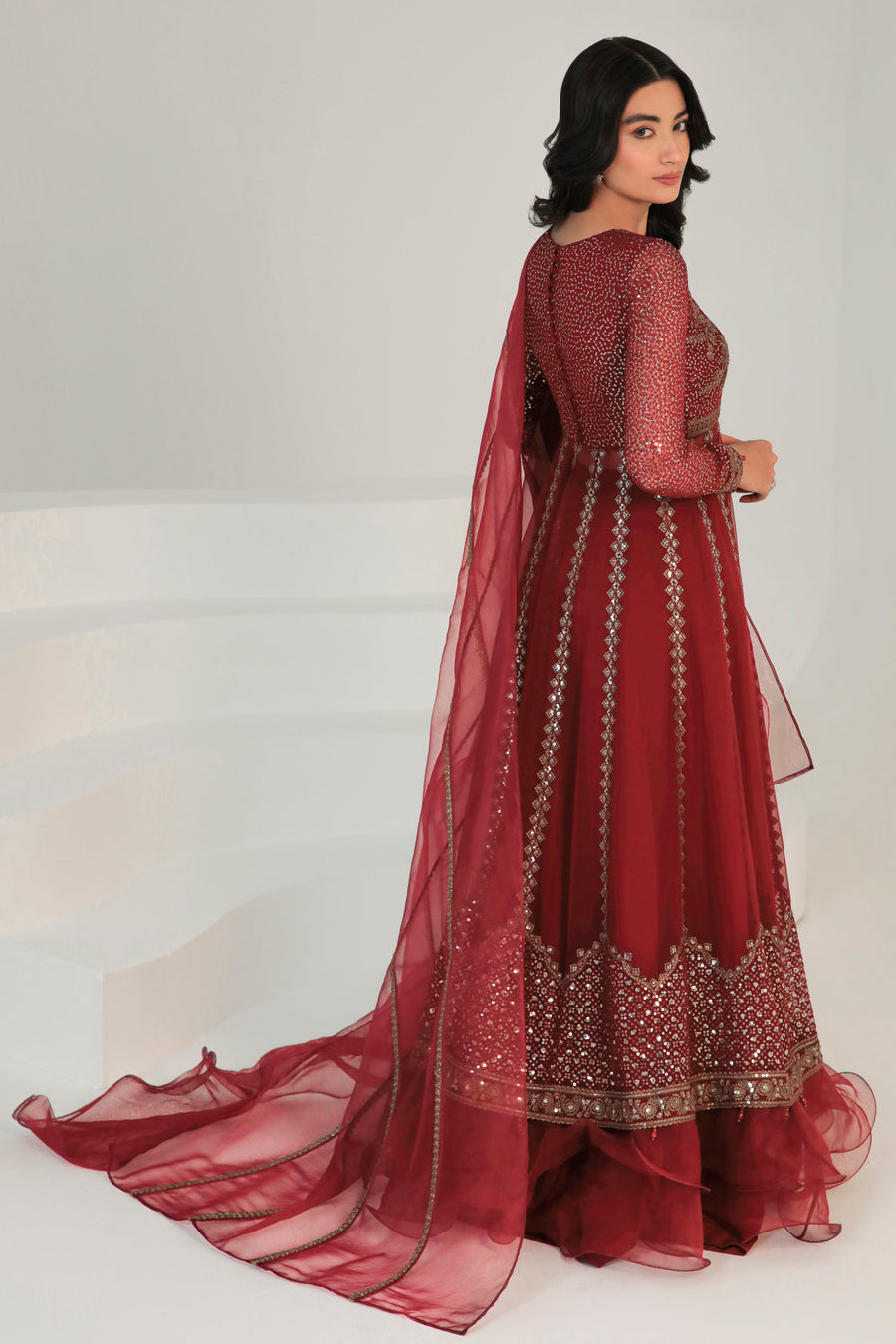 Maroon Embroidered Chiffon 3-Piece Formal Suit