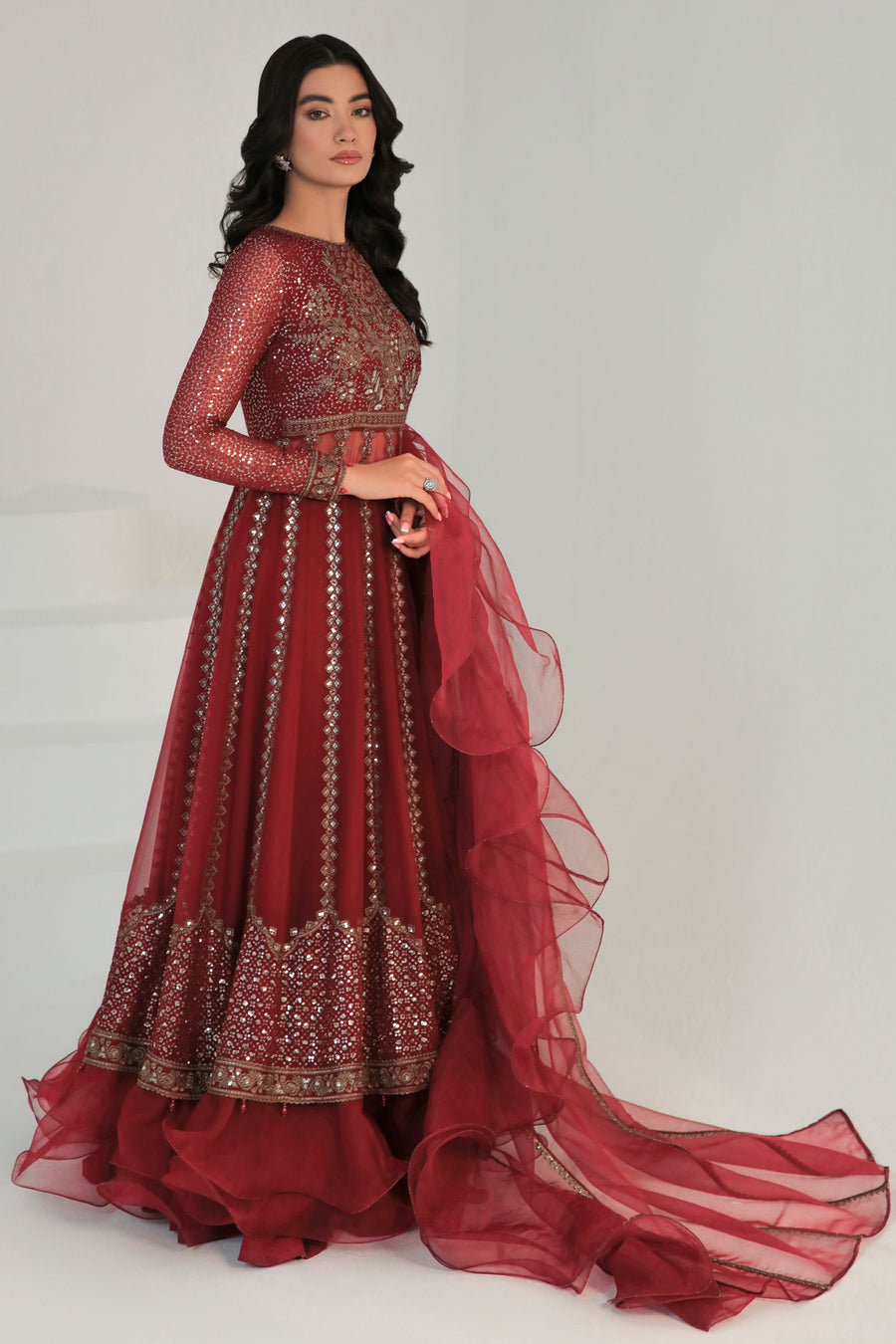 Maroon Embroidered Chiffon 3-Piece Formal Suit