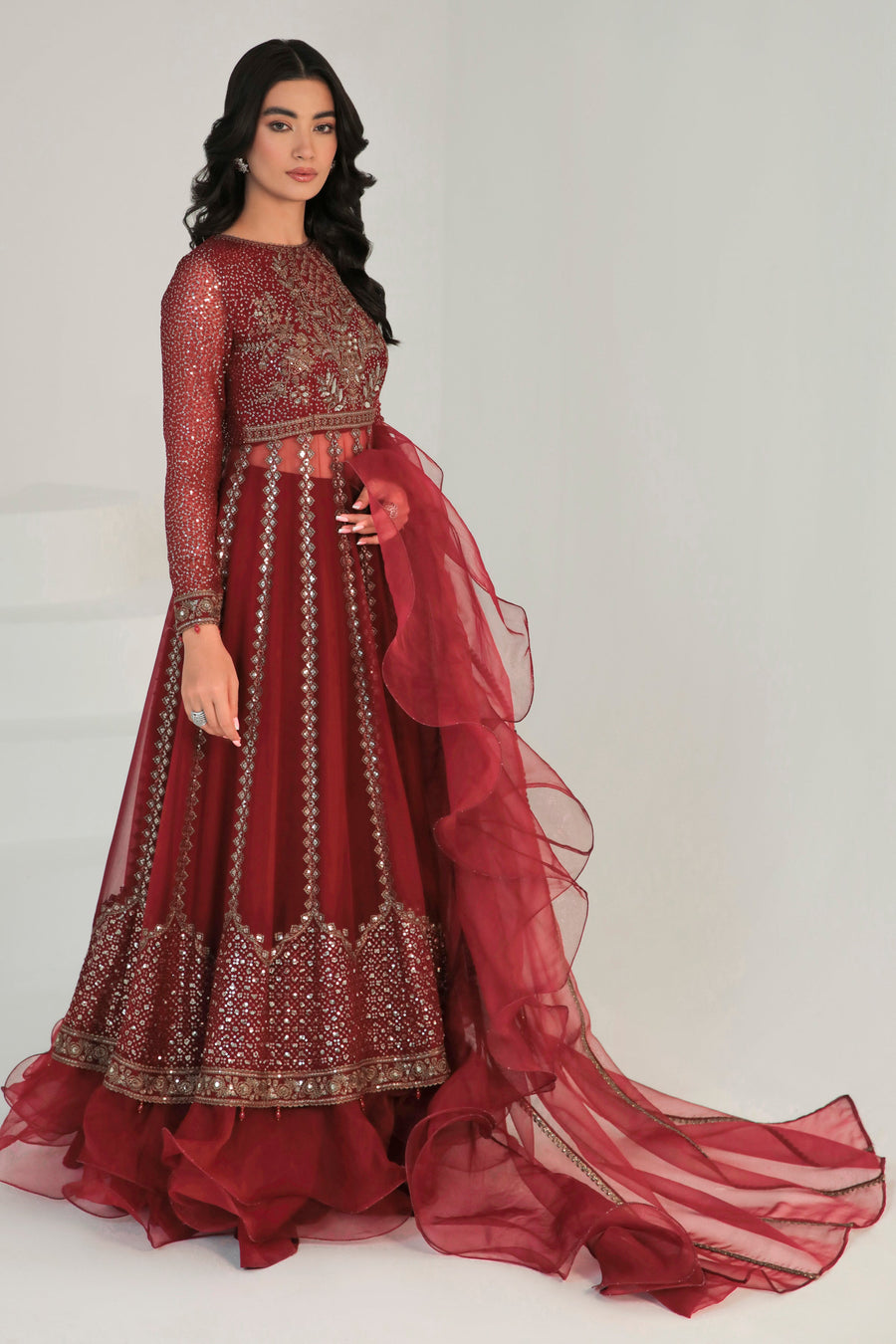 Maroon Embroidered Chiffon 3-Piece Formal Suit