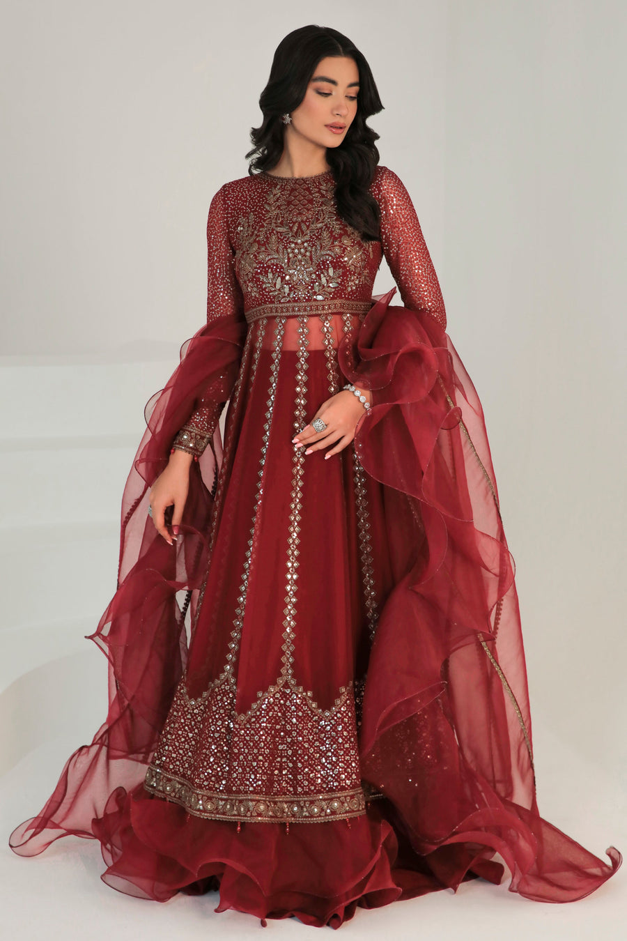 Maroon Embroidered Chiffon 3-Piece Formal Suit