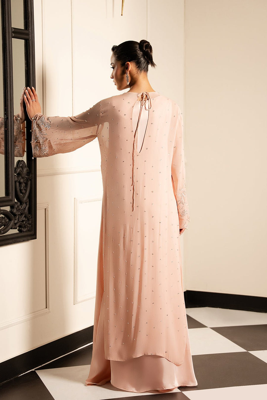 Back view of blush pink dress showing embroidered long sleeves and back tie closure on chiffon overlay