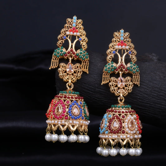 Close-up of elegant gold-tone jhumka earrings adorned with multicolor beads and pearl danglers against a dark background