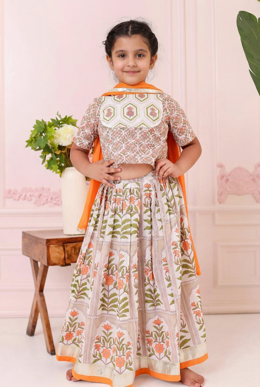 Girls Orange Floral Cotton Lehenga Set with Dupatta (3 Piece)