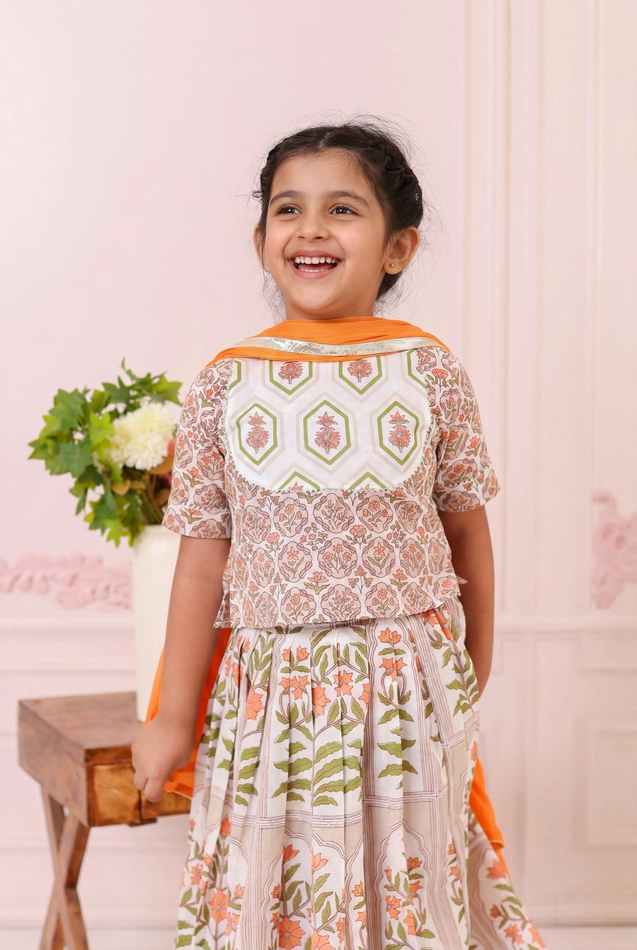 Girls Orange Floral Cotton Lehenga Set with Dupatta (3 Piece)