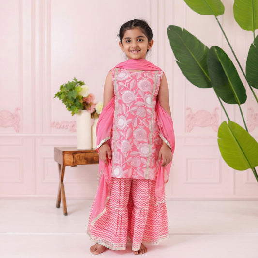 Girls Pink Floral Kurti with Leheriya Sharara and Dupatta (3 Piece)