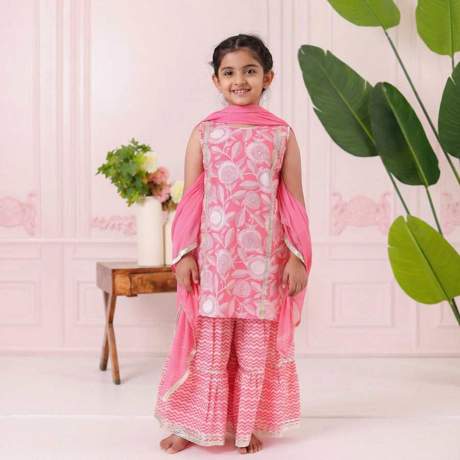 Girls Pink Floral Kurti with Leheriya Sharara and Dupatta (3 Piece)