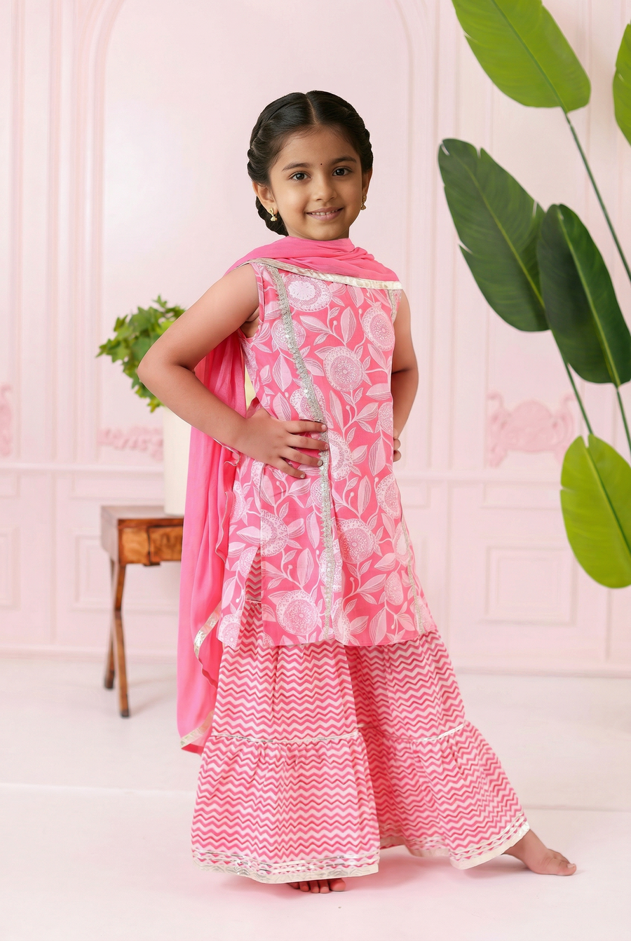 Girls Pink Floral Kurti with Leheriya Sharara and Dupatta (3 Piece)