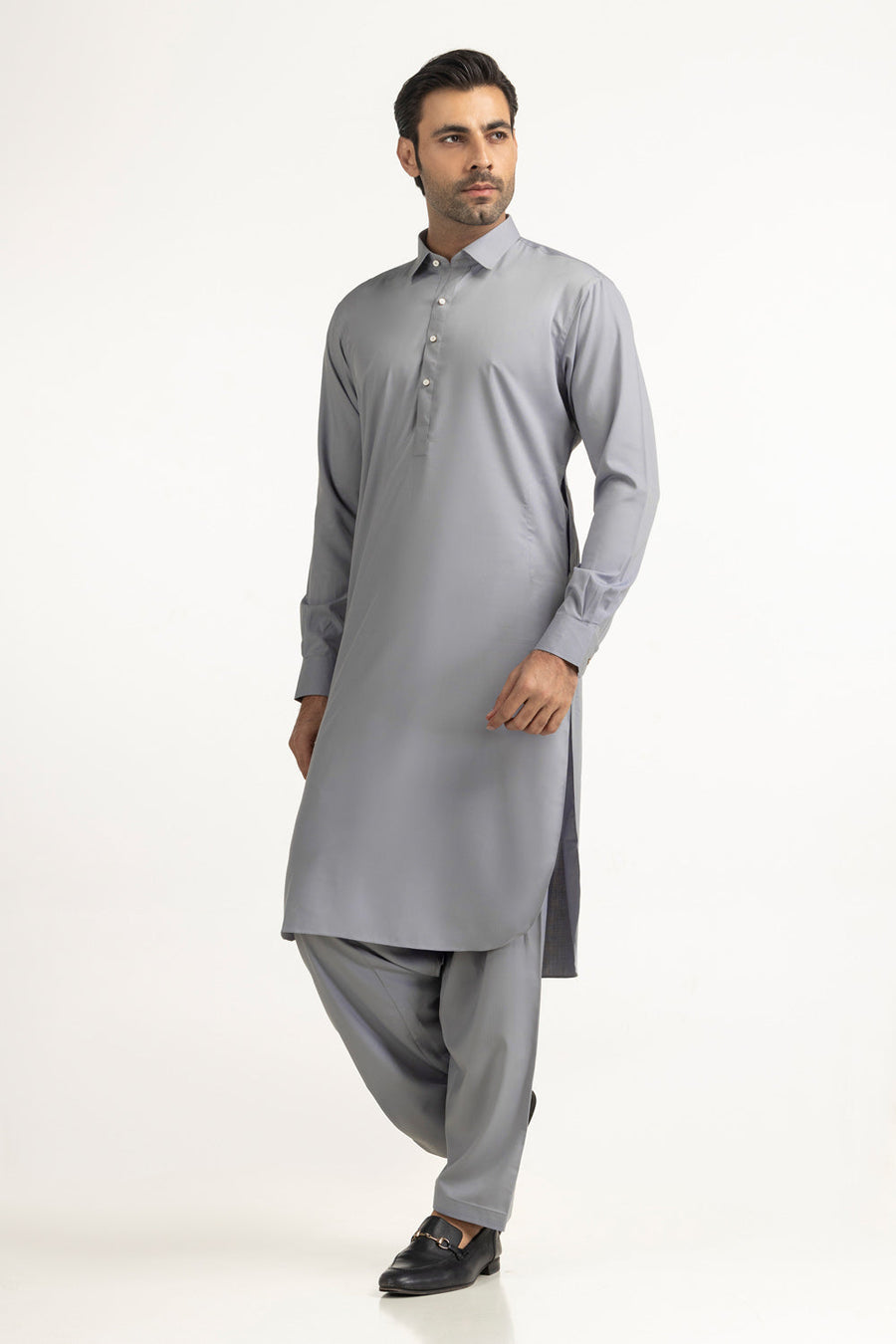 Slate Blue Cotton 2-Piece Kurta | Button-Front Collar