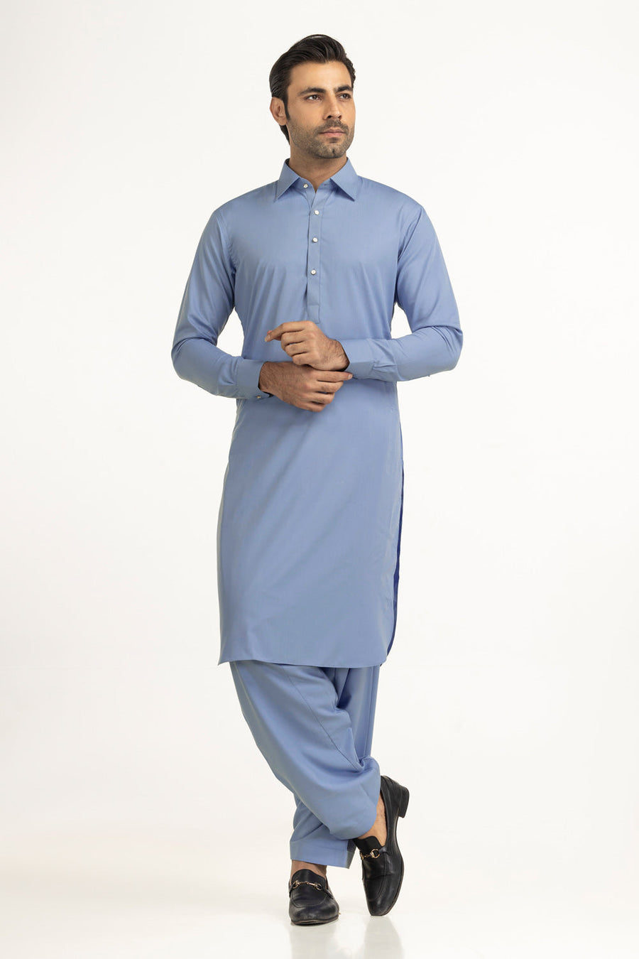 Slate Blue Cotton 2-Piece Kurta | Button-Front Collar
