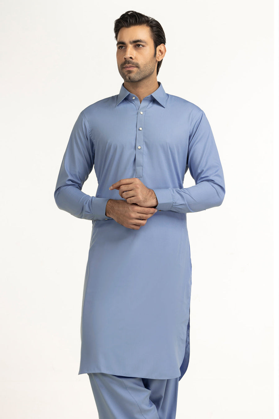 Slate Blue Cotton 2-Piece Kurta | Button-Front Collar